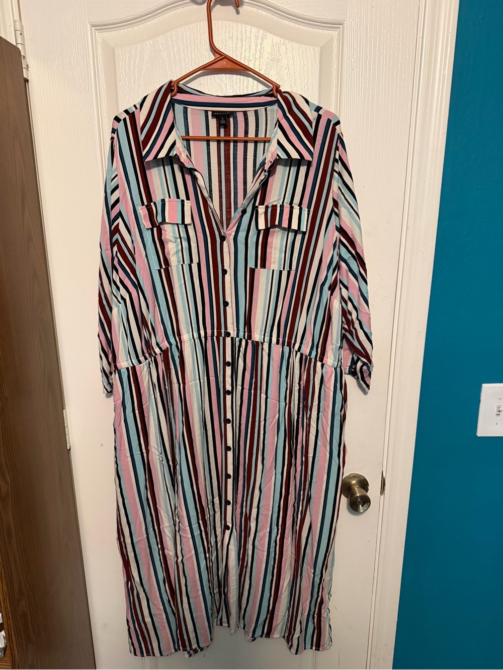 torrid Pink, Blue & Burgundy Striped Button-Front Maxi Dress